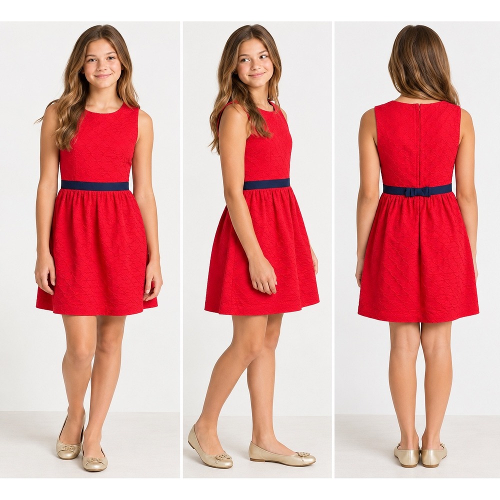 Vineyard Vines Girls Red Matelasse Dress Navy Bow Size 16 Sleeveless Preppy
